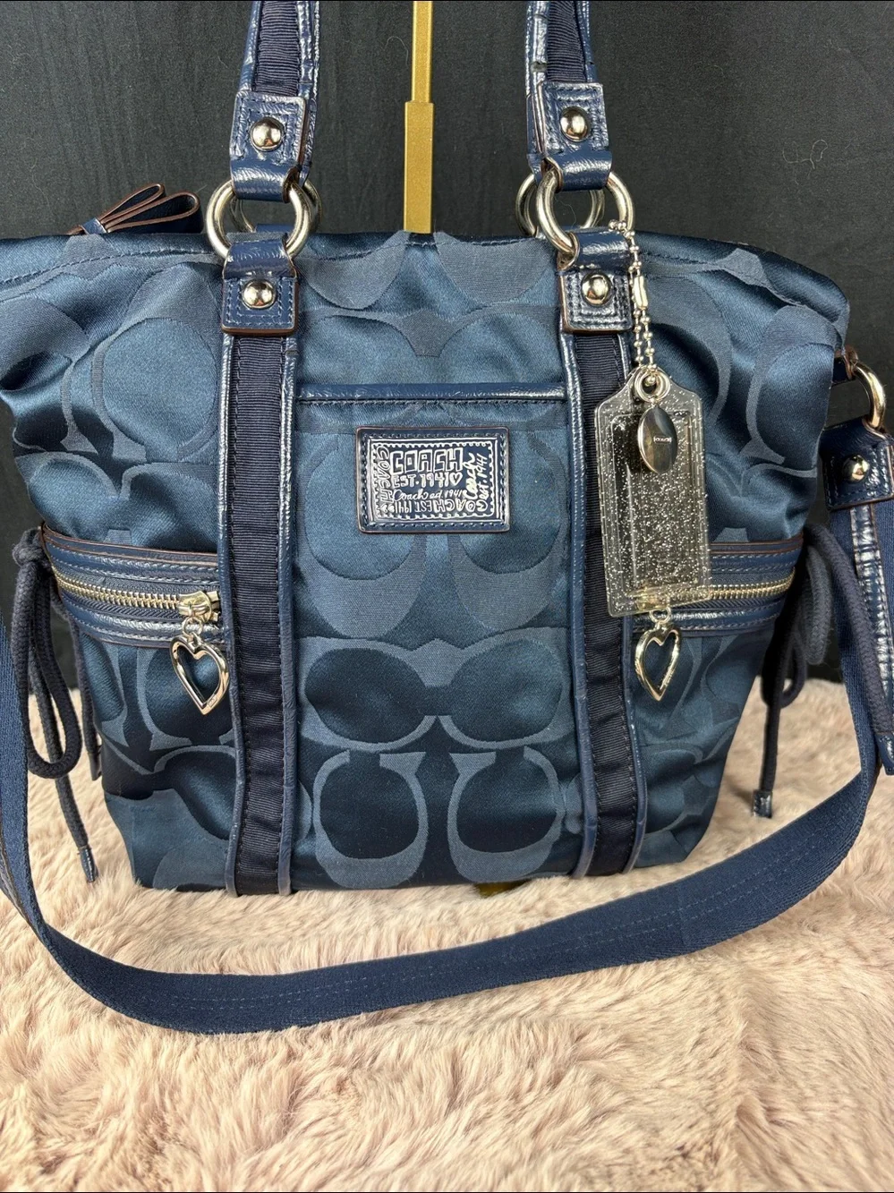 Coach Poppy Signature Sateen Daisy Tote Navy Blue Heart Zipper Charm With Dusty